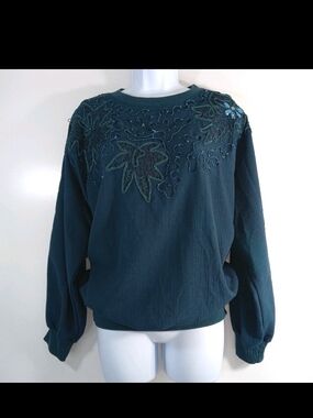 Womens Y2K Adolfo Teal Green Embroidered Crewneck Sweatshirt Large